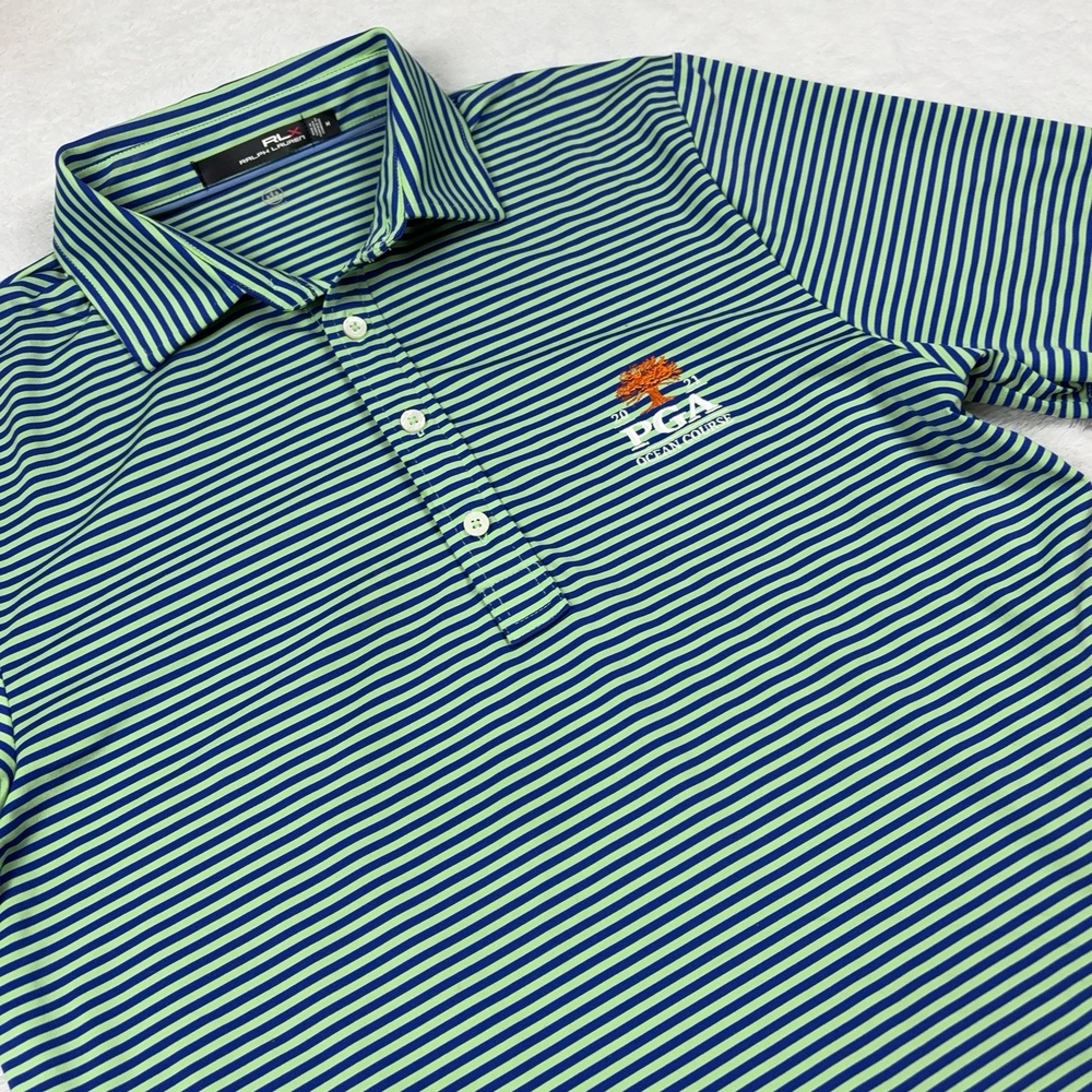RLX Ralph Lauren Golf Polo Shirt Mens M Green Stretch Striped PGA Ocean 2021